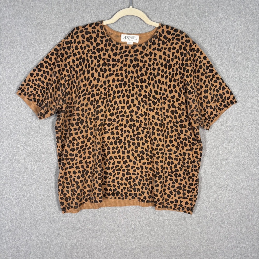 Vintage 90s Leopard Sweater Top‎ 1X Short Sleeve Knit Maximalist Whimsical Thin
